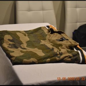 Camo T shirt with green and yellow stripes